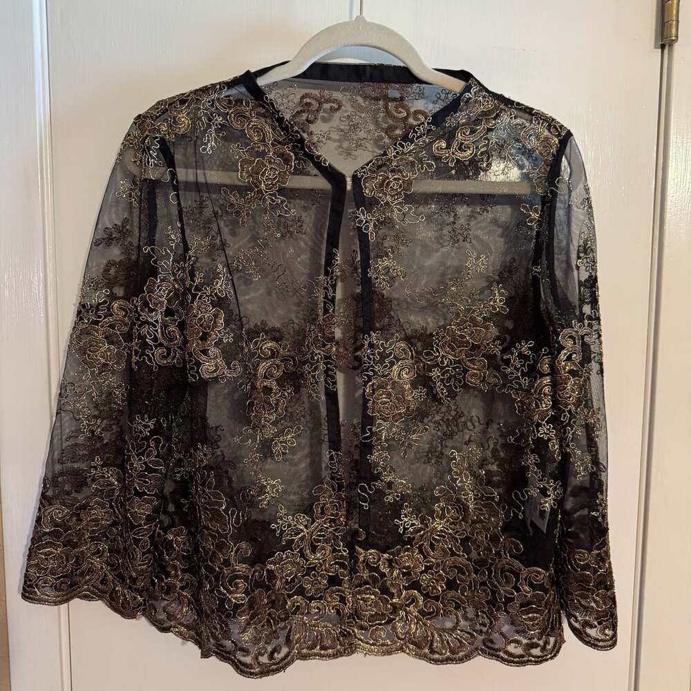 Marisa Baratelli Sheer Lace Blouse Size 8 Black Gold Metallic Floral Jacket